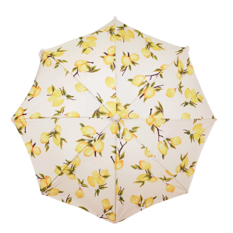lemon print patio umbrella 9' Market Umbrella, 32 wide when open 23.5 tall (top to handle bottom) Bamboo and synthetic silk Handmade in China Not for use in rain Boho Parasol Umbrella : Lemon