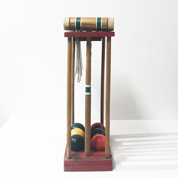 Vintage Croquet Set - 4 Rackets, 4 Balls, 6 Goals, Scoring Sticks, Net Bag For Outdoor Lawn Game